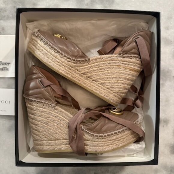 Gucci Women's Pilar GG Ankle Tie Espadrille Platform Wedge Sandals - Picture 1 of 7